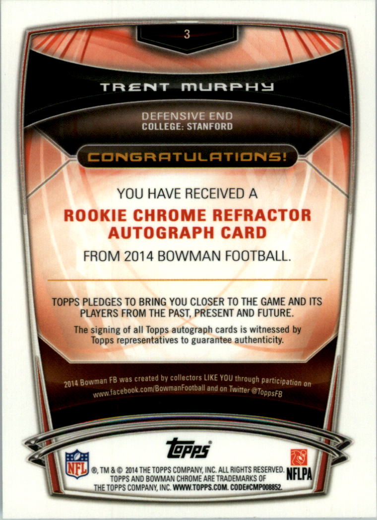2014 Bowman Chrome Rookie Autographs College Refractors #3 Trent Murphy back image