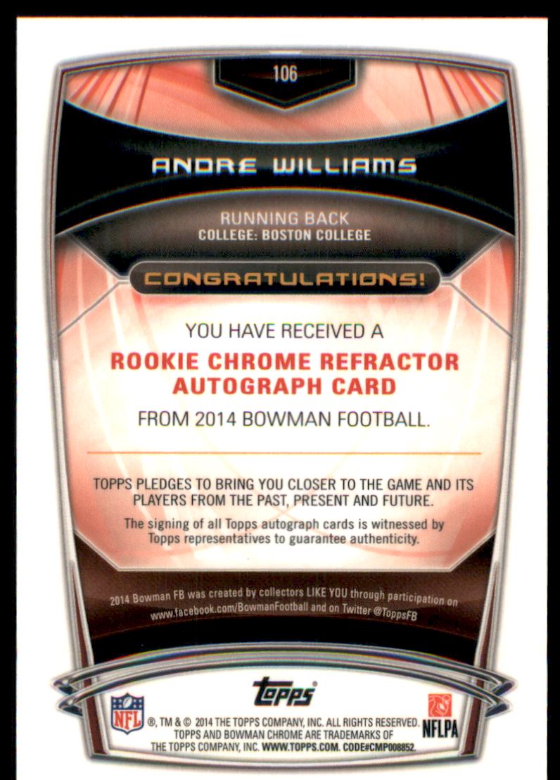 2014 Bowman Chrome Rookie Autographs College Blue Refractors #106 Andre Williams back image