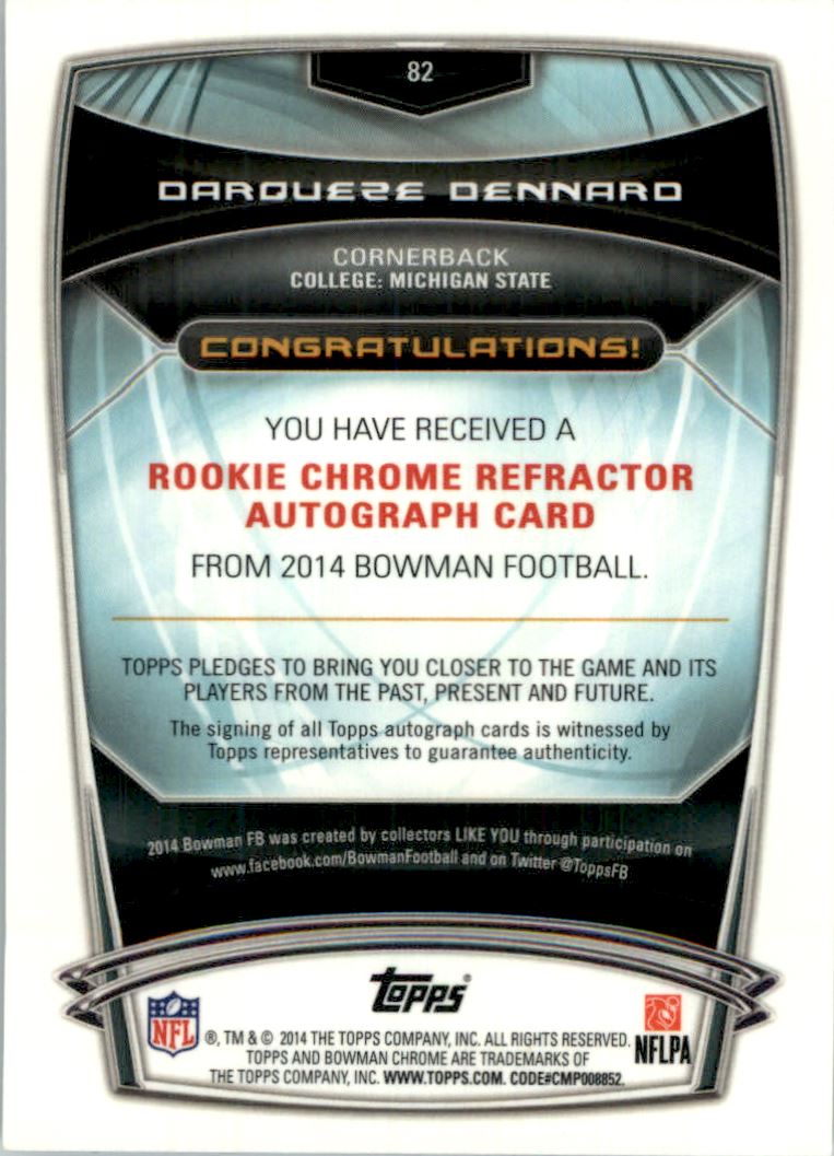 2014 Bowman Chrome Rookie Autographs College Blue Refractors #82 Darqueze Dennard back image