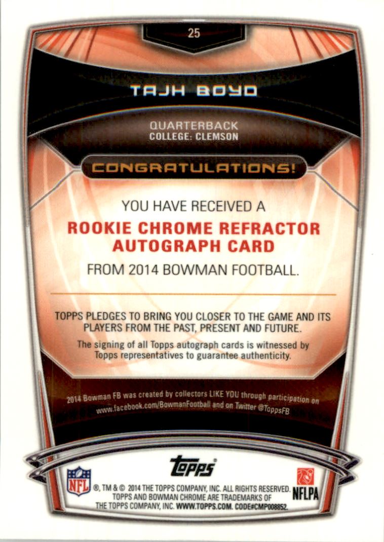 2014 Bowman Chrome Rookie Autographs College Orange Refractors #25 Tajh Boyd back image