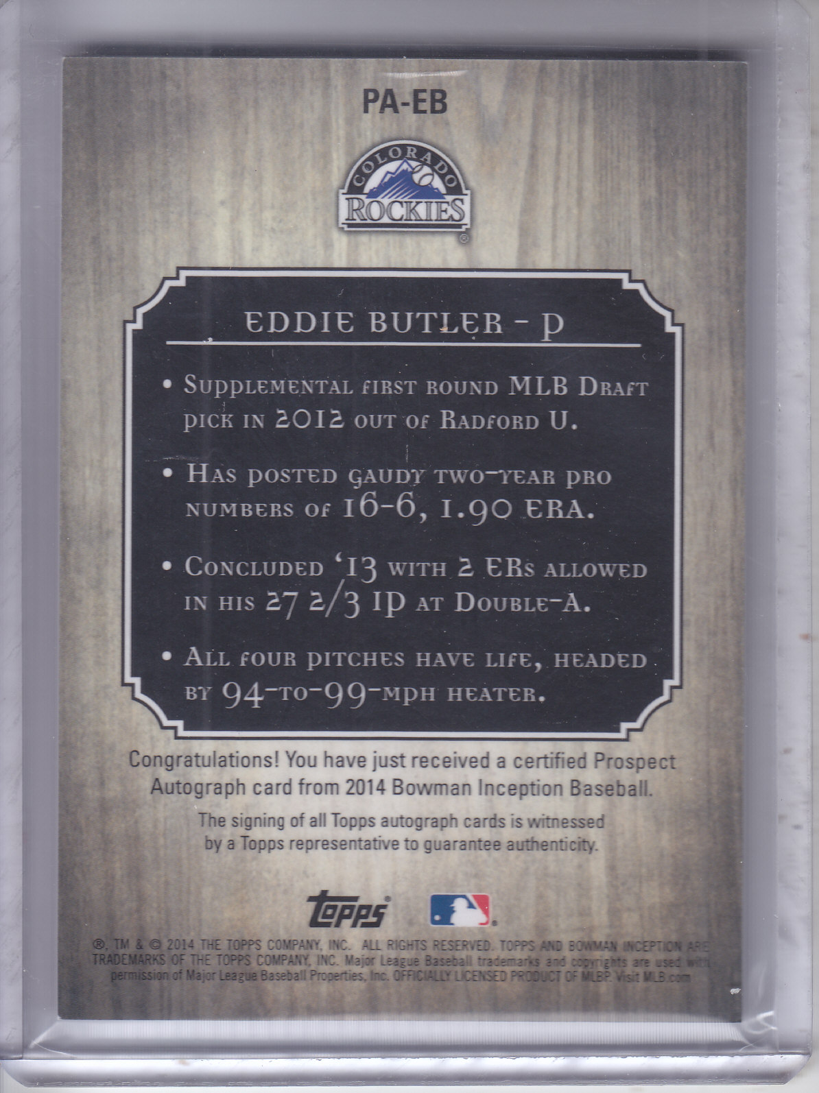 2014 Bowman Inception Prospect Autographs #PAEB Eddie Butler back image