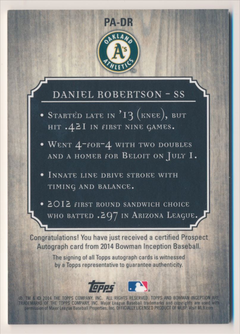 2014 Bowman Inception Prospect Autographs Gold #PADR Daniel Robertson