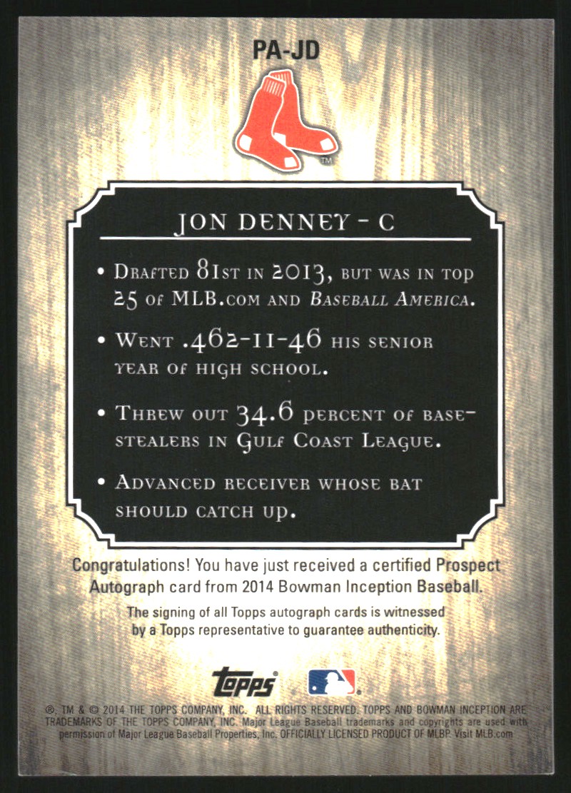 2014 Bowman Inception Prospect Autographs Green #PAJD Jon Denney
