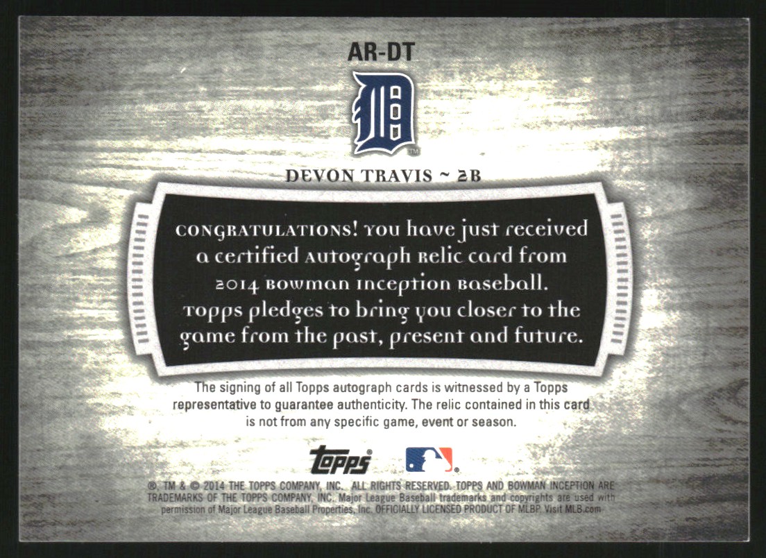 2014 Bowman Inception Patch Autographs #APDT Devon Travis back image