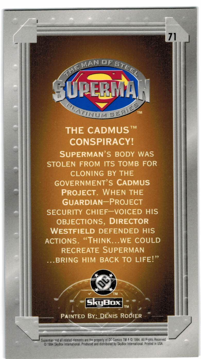 1994 SkyBox Superman Man of Steel Platinum Series Premium Edition #71 The Cadmus Conspiracy back image