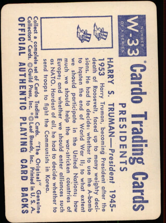 1958 Leaf Card-O Presidents #W33 Harry S. Truman back image