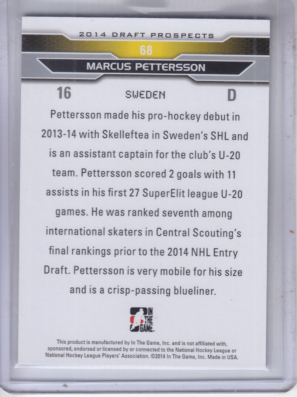 2014-15 ITG Draft Prospects Silver #68 Marcus Pettersson back image