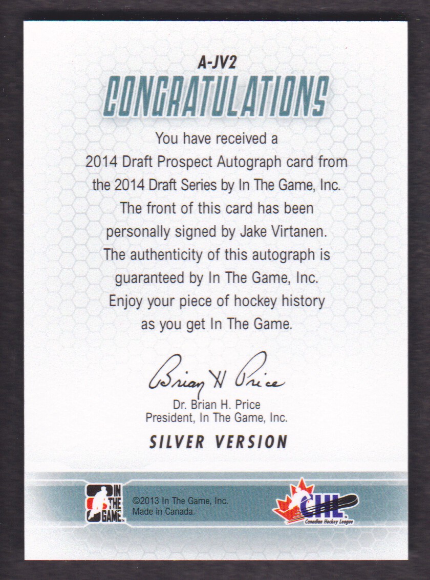 2014-15 ITG Draft Prospects Autographs #AJV2 Jake Virtanen back image