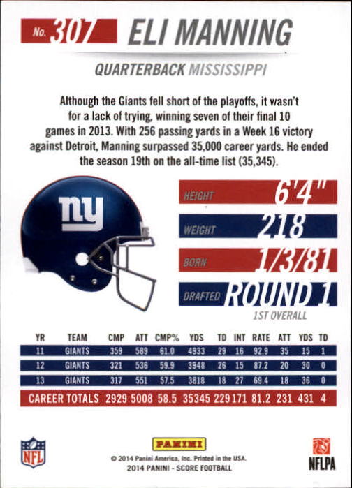 2014 Score Scorecard #307 Eli Manning H100 back image