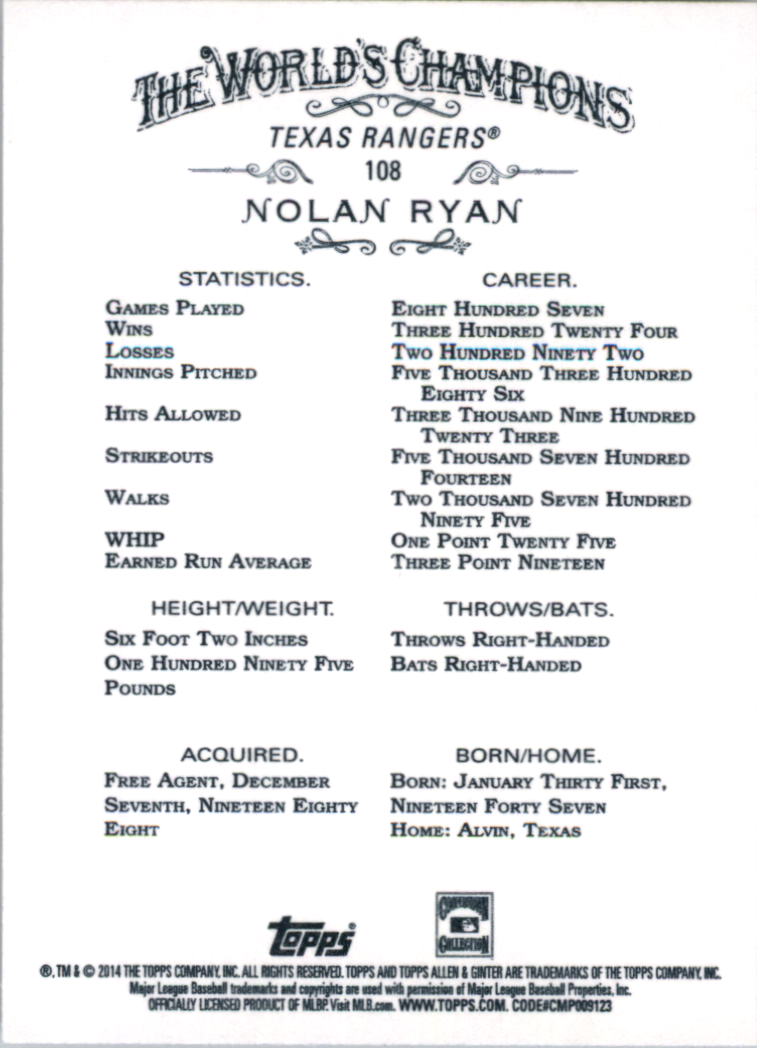 2014 Topps Allen and Ginter #108 Nolan Ryan back image