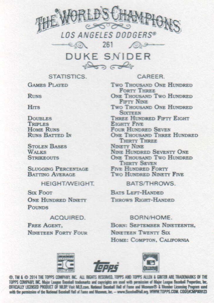 2014 Topps Allen and Ginter #261 Duke Snider back image
