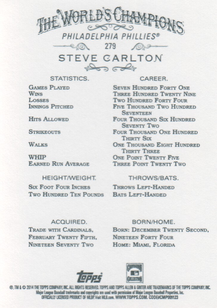2014 Topps Allen and Ginter #279 Steve Carlton back image