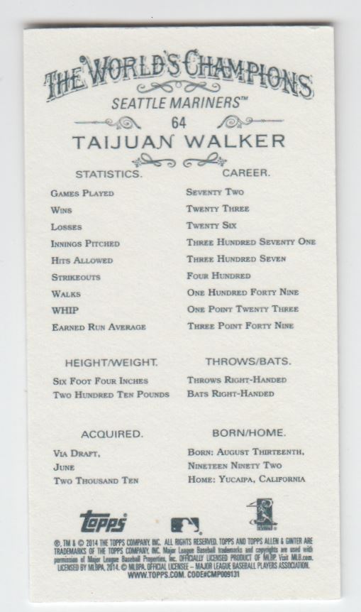 2014 Topps Allen and Ginter Mini Black #64 Taijuan Walker back image