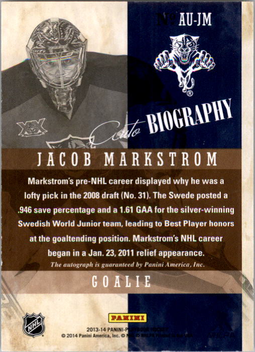 2013-14 Panini Playbook AUTObiography #AUJM Jacob Markstrom/(inserted in 2013-14 Contenders) back image