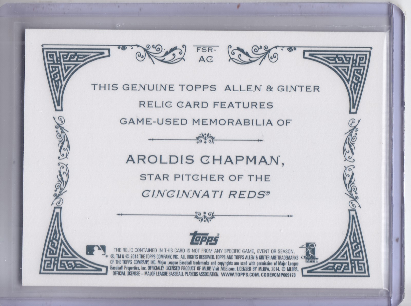 2014 Topps Allen and Ginter Relics #FSRAC Aroldis Chapman A back image
