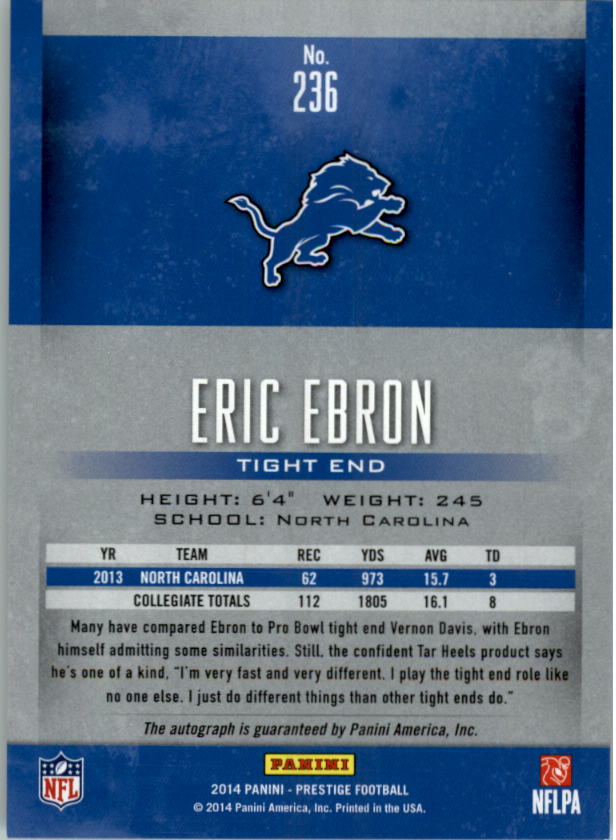 2014 Prestige Extra Points Blue Autographs #236 Eric Ebron back image