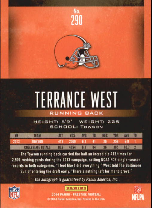 2014 Prestige Extra Points Blue Autographs #290 Terrance West back image