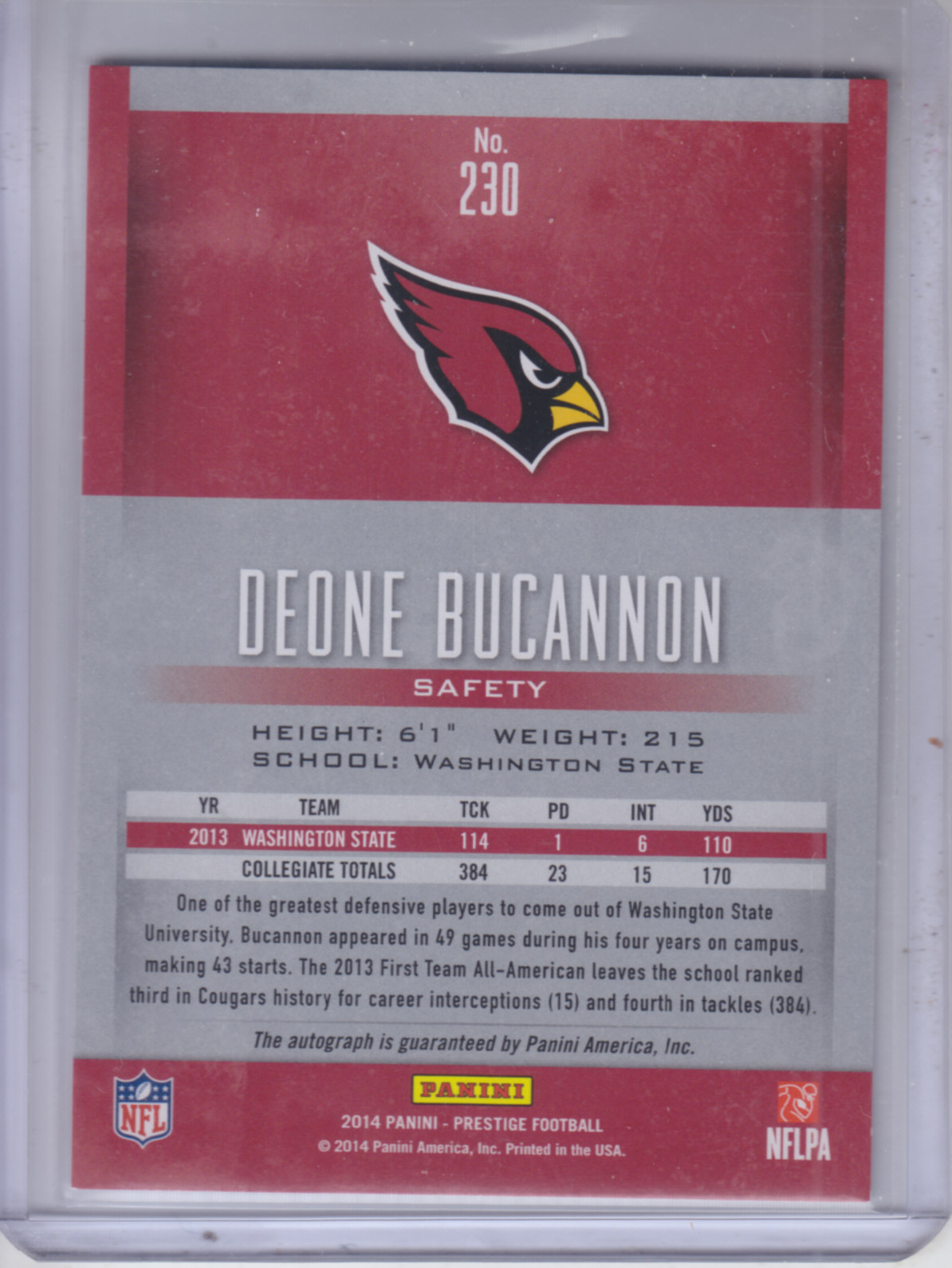 2014 Prestige Extra Points Red Autographs #230 Deone Bucannon back image
