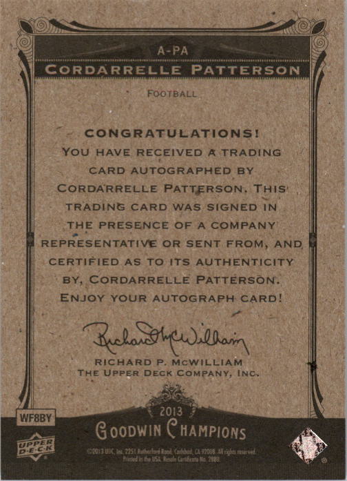 2013 Upper Deck Goodwin Champions Autographs #APA Cordarelle Patterson/(Issued in 2014 UD Goodwin Champions