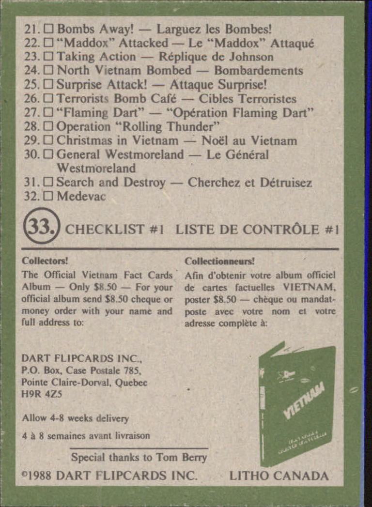 1988 Dart FlipCards Vietnam Facts Series I 33 Checklist 1 NMMT