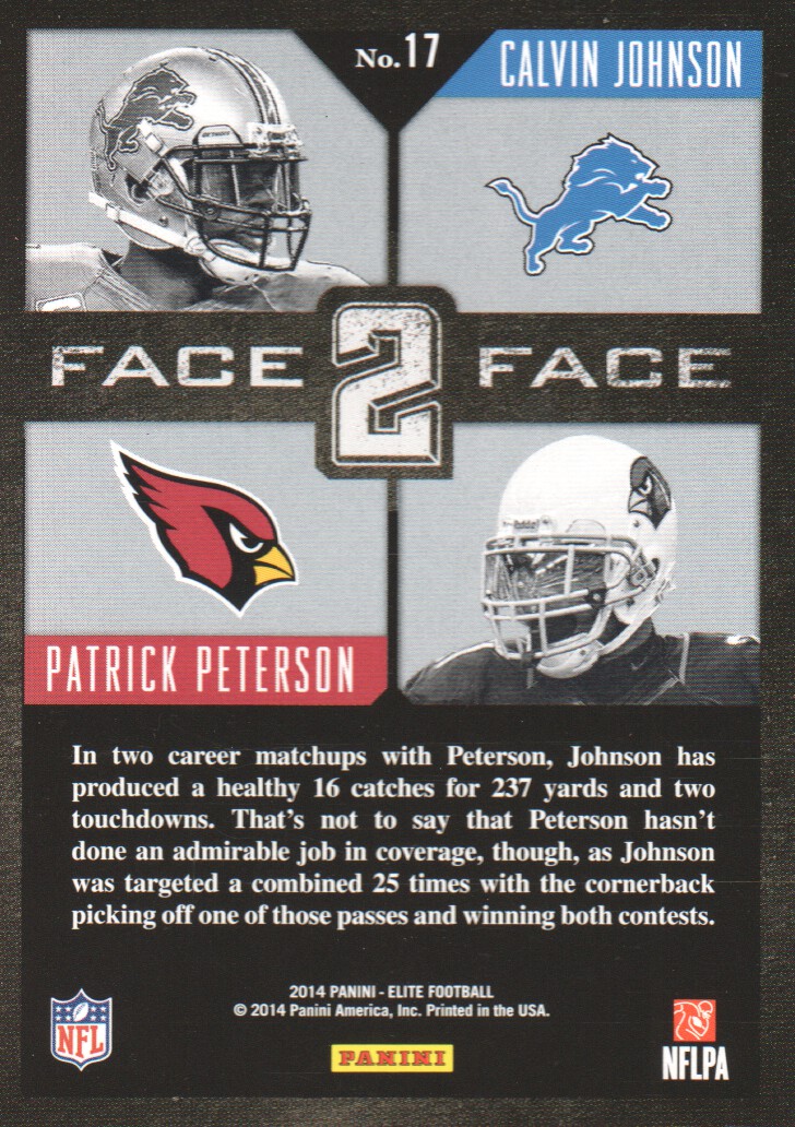 2014 Elite Face 2 Face Silver #17 Calvin Johnson/Patrick Peterson back image