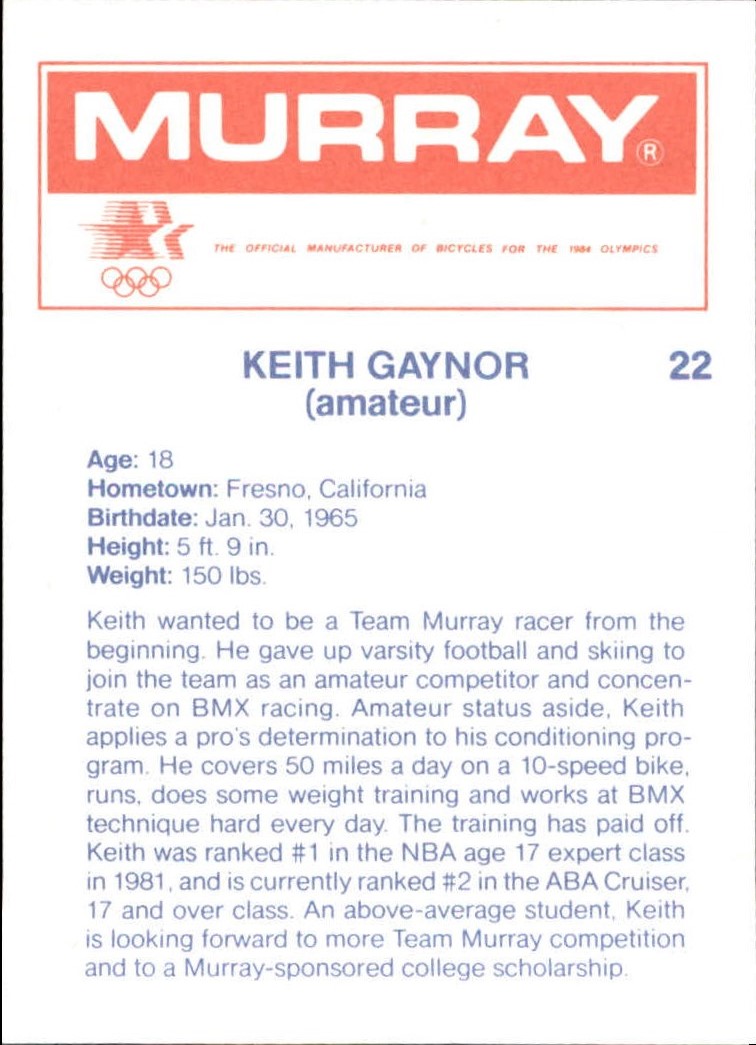 1984 BMX Card Series #22 Keith Gaynor back image