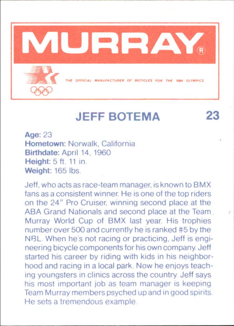 1984 BMX Card Series #23 Jeff Botema back image