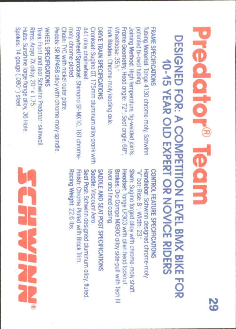 1984 BMX Card Series #29 Predator Team back image