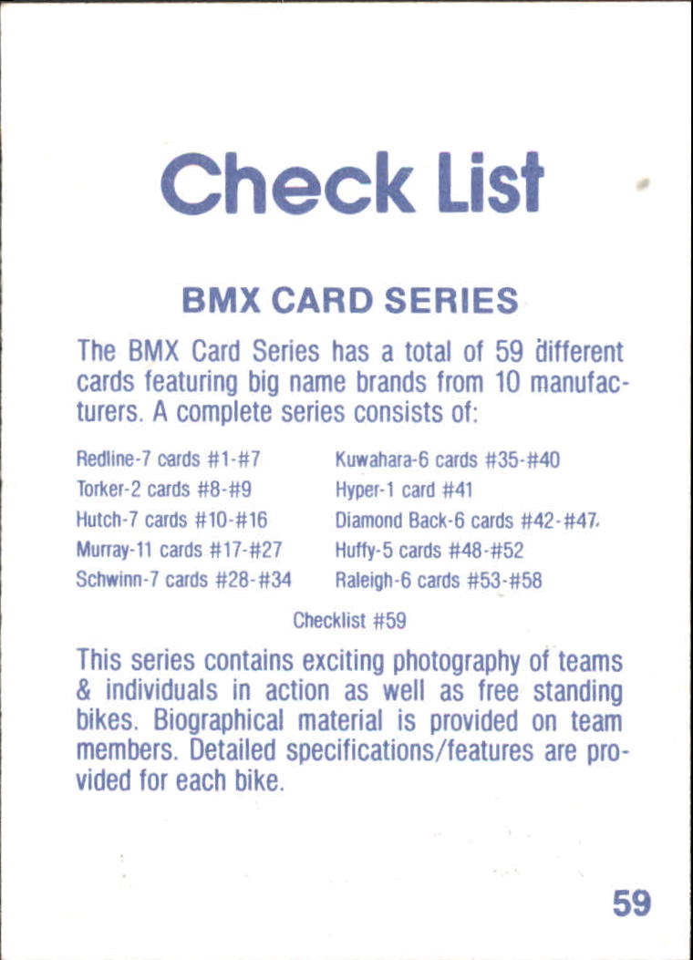 1984 BMX Card Series #59 Checklist back image