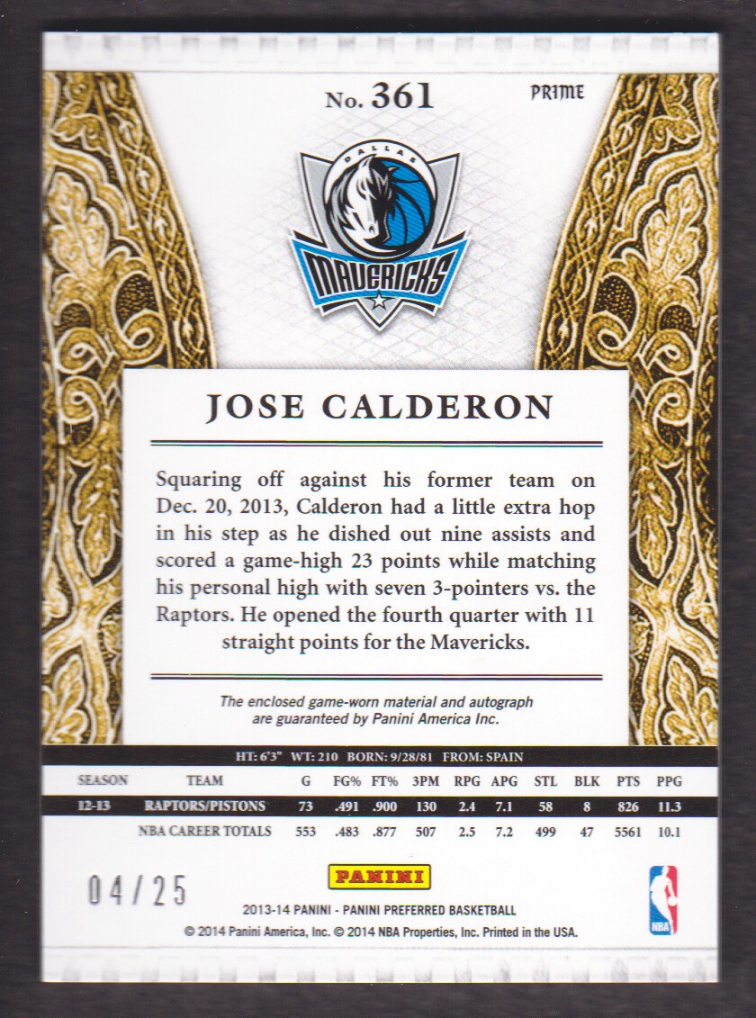 2013-14 Panini Preferred Silhouettes Prime #361 Jose Calderon/25 back image
