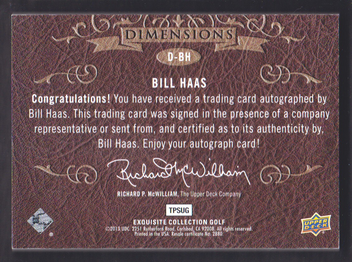 2014 Exquisite Collection Dimensions Autographs #DBH Bill Haas D back image