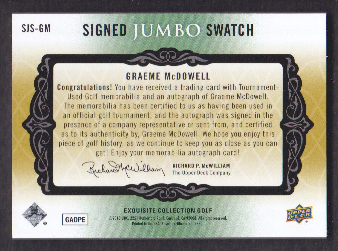 2014 Exquisite Collection Jumbo Swatch Autographs #SJSGM Graeme McDowell/99 back image