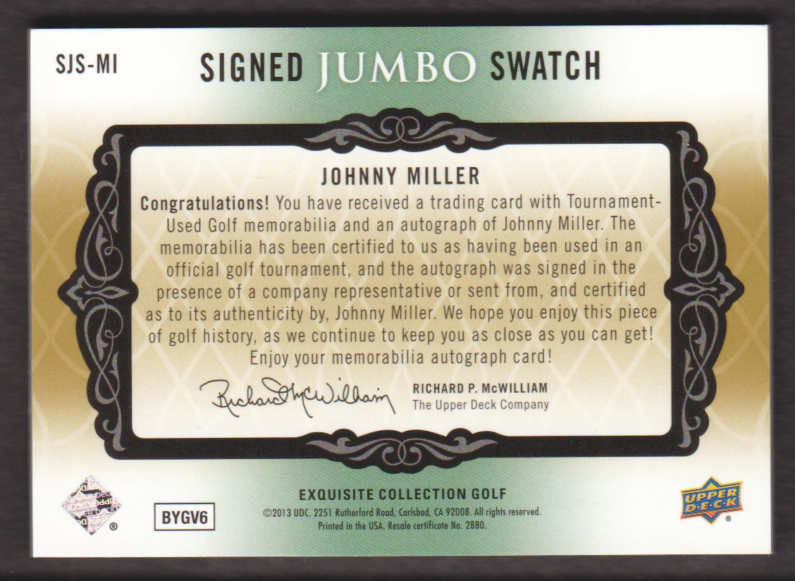 2014 Exquisite Collection Jumbo Swatch Autographs #SJSMI Johnny Miller/50 back image