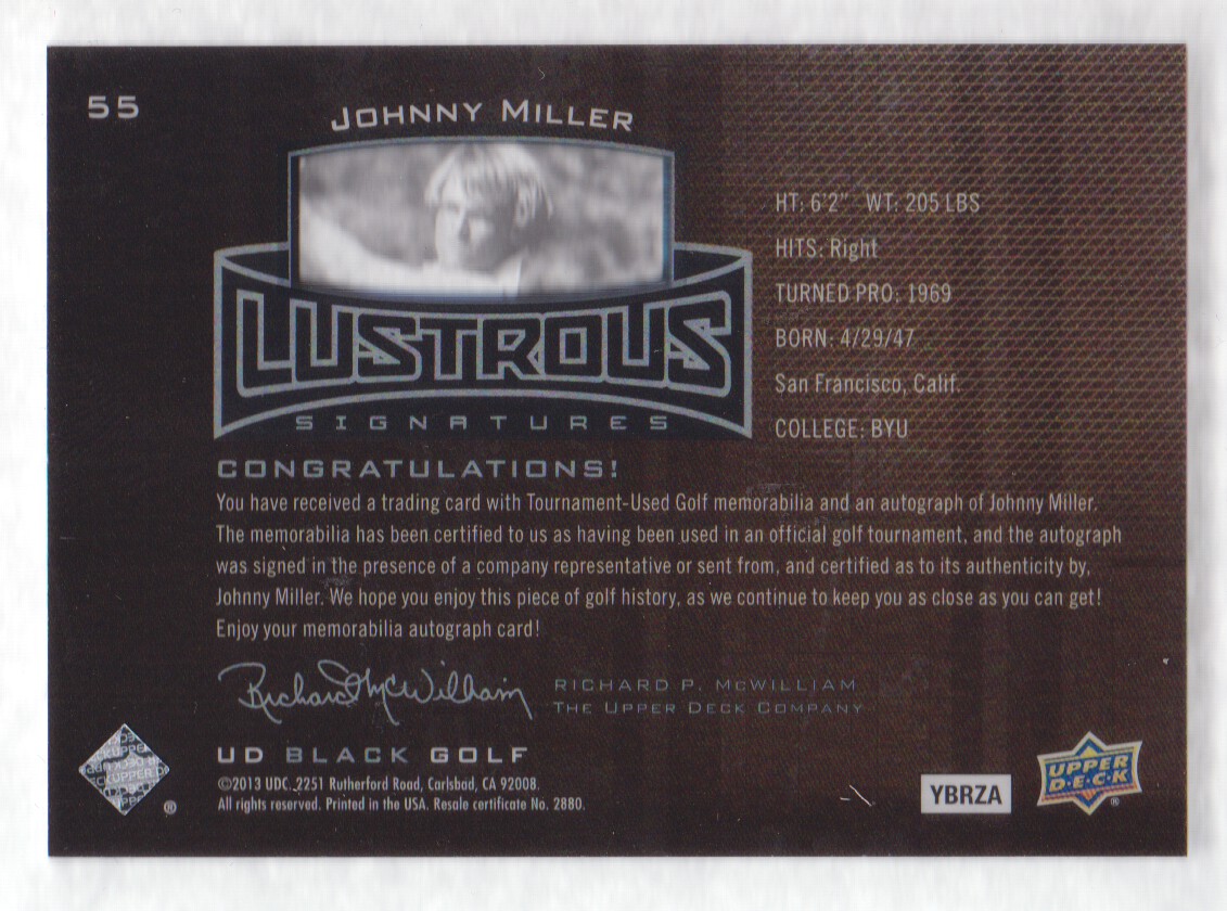 2014 UD Black Lustrous Signatures Gold Spectrum #55 Johnny Miller Shirt back image