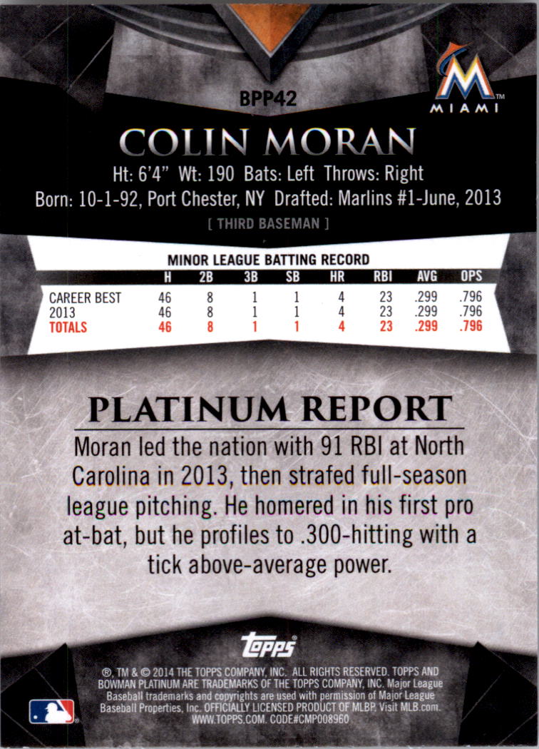 2014 Bowman Platinum Prospects #BPP42 Colin Moran back image