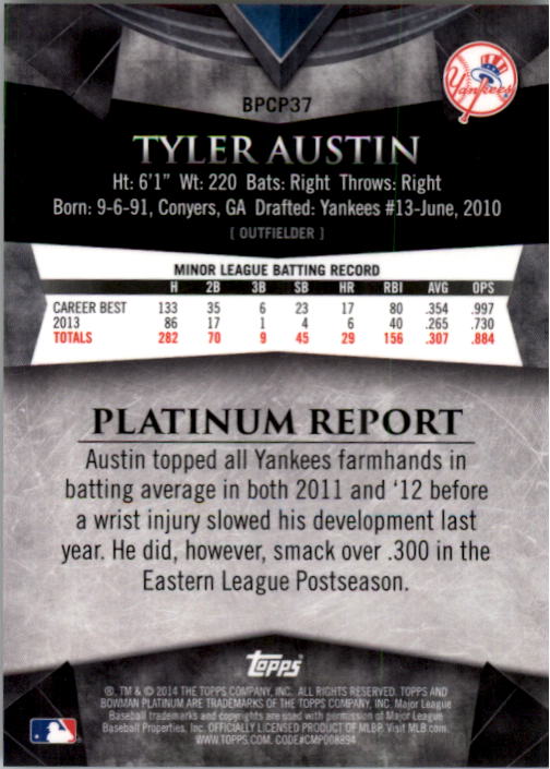 2014 Bowman Platinum Chrome Prospects Green Refractors #BPCP37 Tyler Austin back image