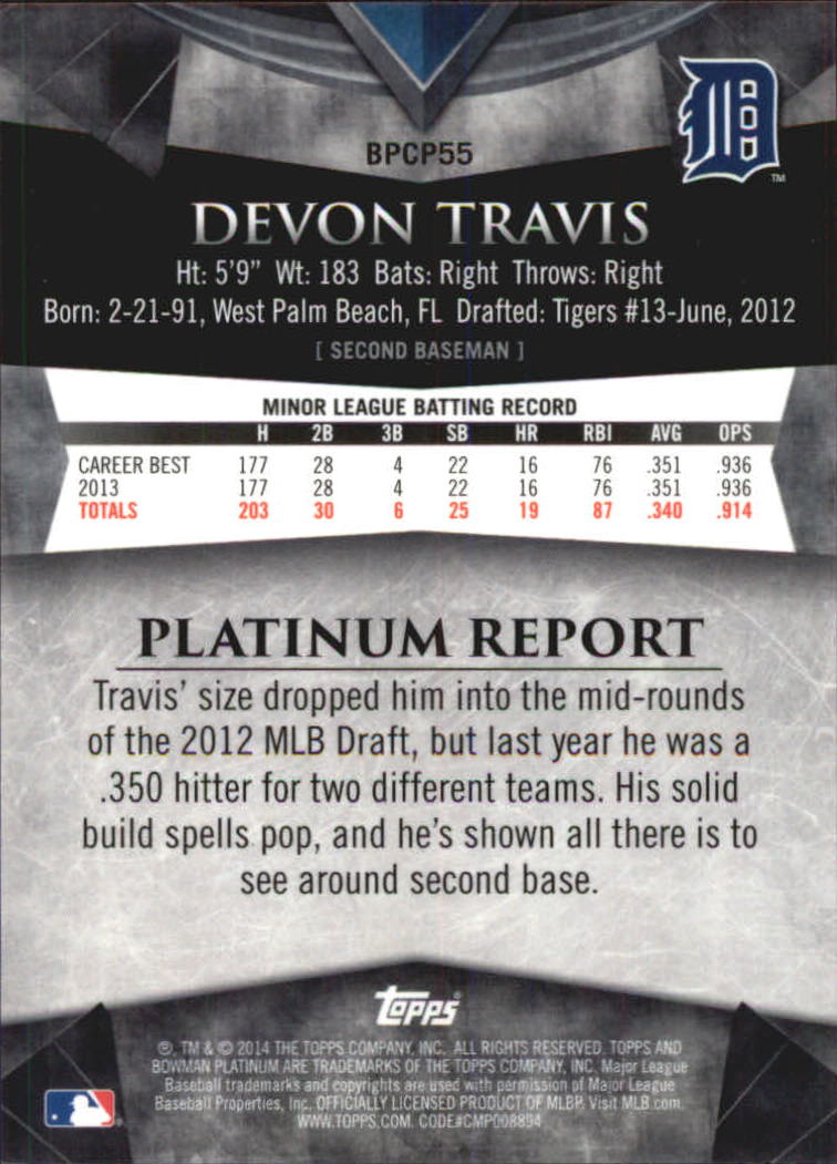 2014 Bowman Platinum Chrome Prospects Green Refractors #BPCP55 Devon Travis back image
