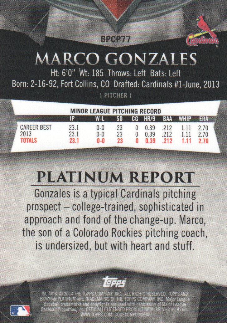 2014 Bowman Platinum Chrome Prospects Green Refractors #BPCP77 Marco Gonzales back image