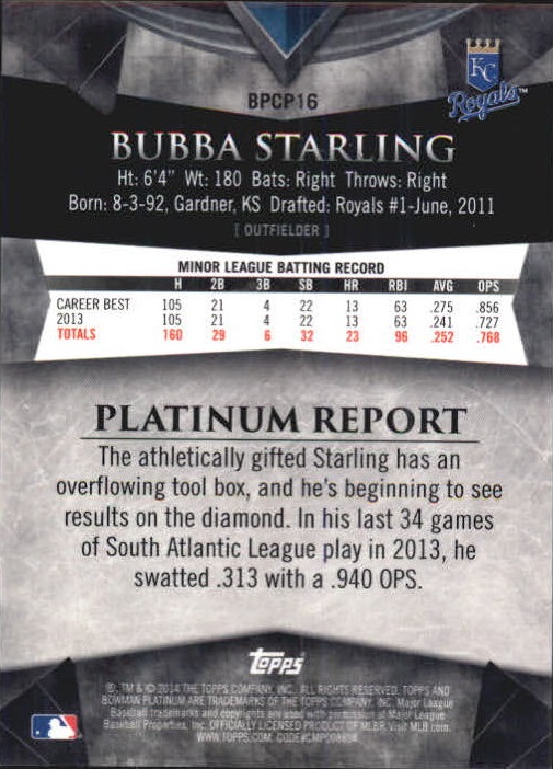2014 Bowman Platinum Chrome Prospects Blue Refractors #BPCP16 Bubba Starling back image