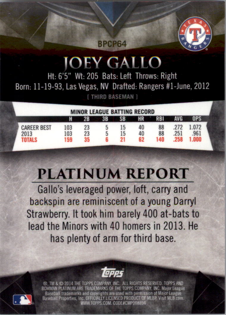 2014 Bowman Platinum Chrome Prospects Blue Refractors #BPCP64 Joey Gallo back image