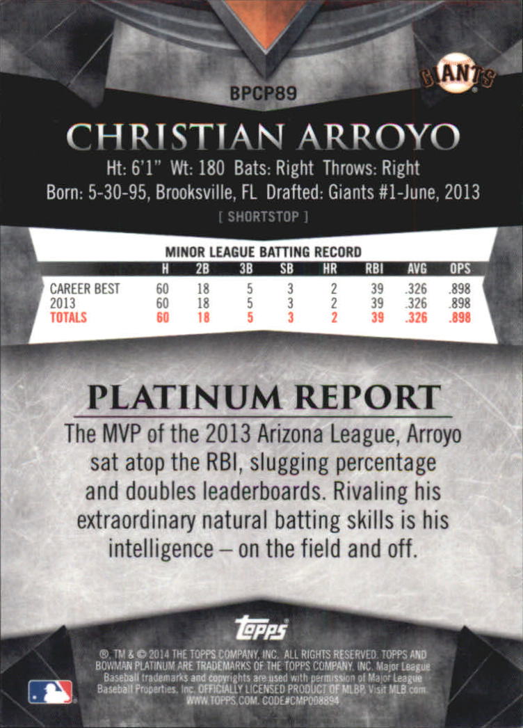 2014 Bowman Platinum Chrome Prospects Blue Refractors #BPCP89 Christian Arroyo back image