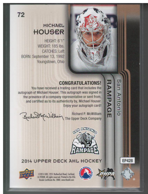 2014-15 Upper Deck AHL Box Set Autographs #72 Michael Houser back image