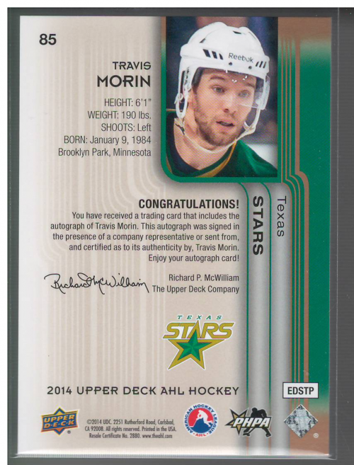 2014-15 Upper Deck AHL Box Set Autographs #85 Travis Morin back image