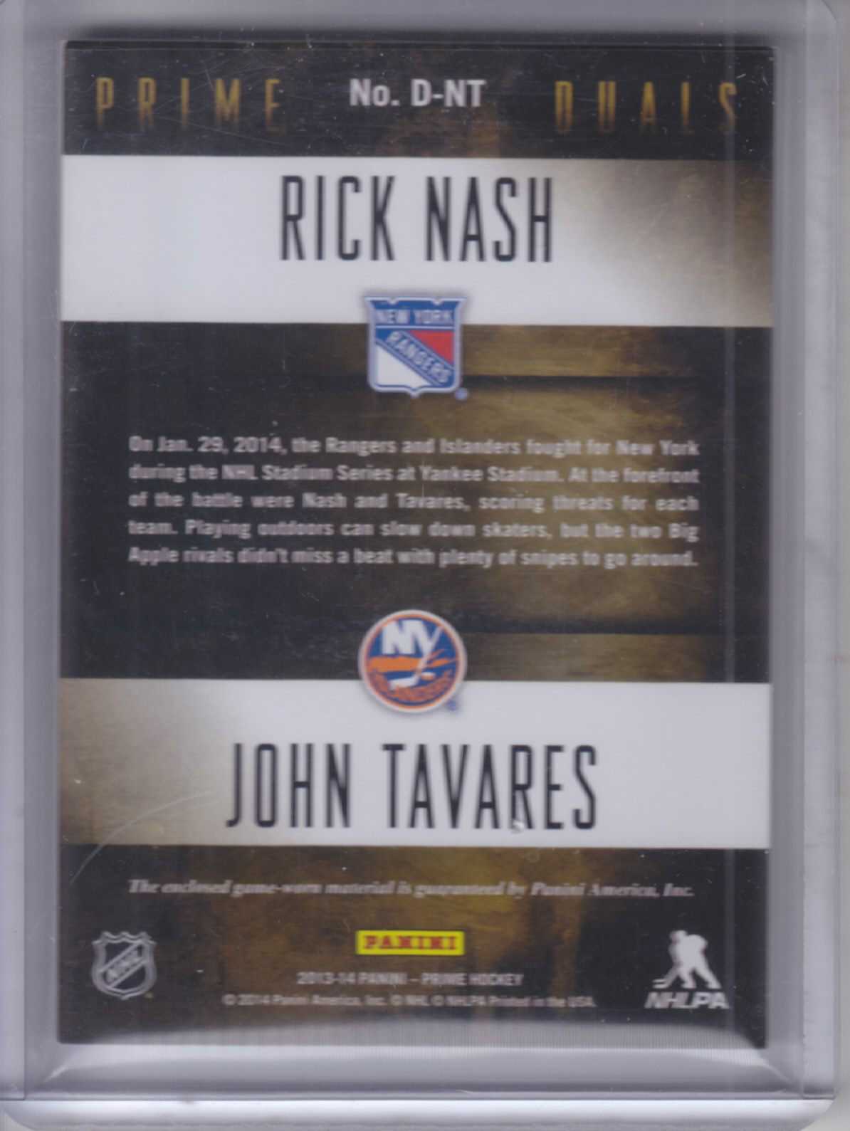 2013-14 Panini Prime Dual Jerseys #DTN John Tavares/Rick Nash/200 back image