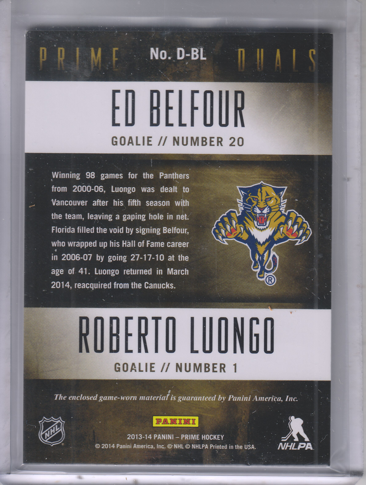 2013-14 Panini Prime Dual Jerseys #DBL Ed Belfour/Roberto Luongo/200 back image