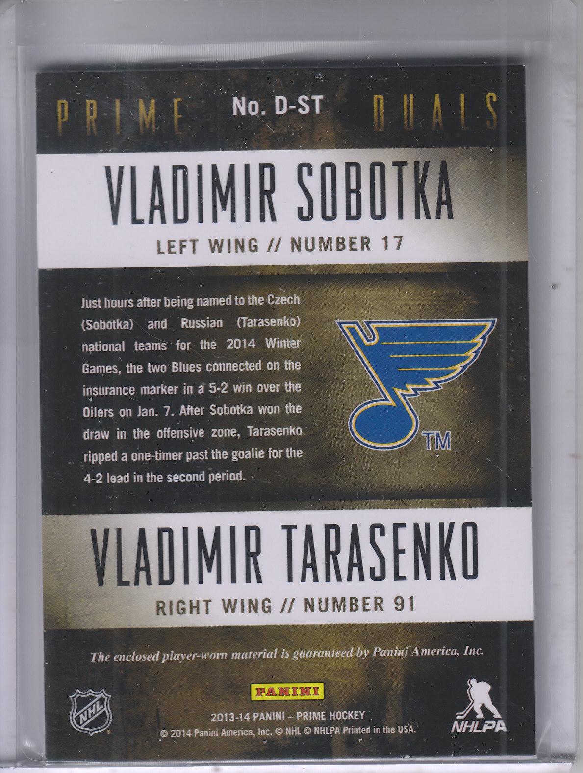 2013-14 Panini Prime Dual Jerseys #DST Vladimir Sobotka/Vladimir Tarasenko/200 back image