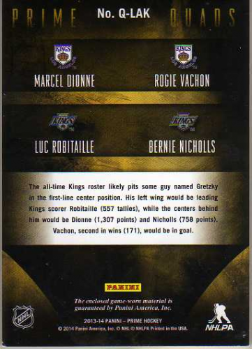 2013-14 Panini Prime Quad Jerseys #QRDVN Luc Robitaille/Marcel Dionne/Rogie Vachon/Bernie Nicholls back image