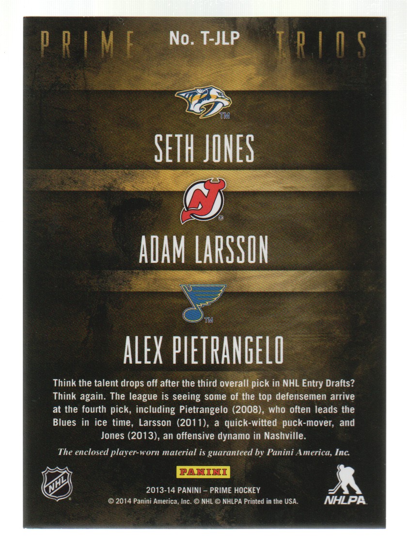 2013-14 Panini Prime Trios Jerseys #TLPJ Adam Larsson/Alex Pietrangelo/Seth Jones back image