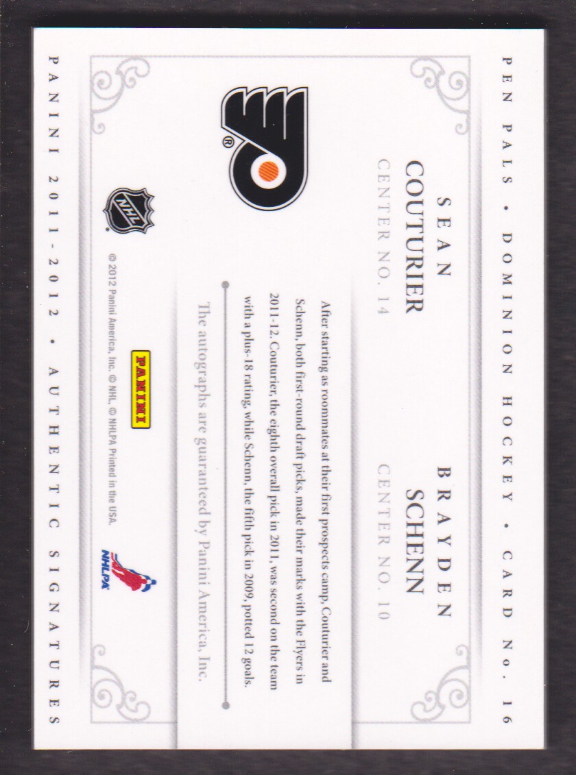 2011-12 Dominion Pen Pals #16 Brayden Schenn/Sean Couturier/(inserted in 2013-14 Panini Prime) back image