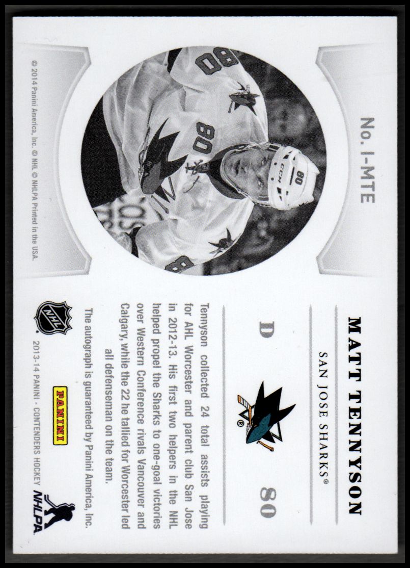 2013-14 Panini Contenders NHL Ink #IMT Matt Tennyson/(inserted in 2013-14 Panini Prime) back image